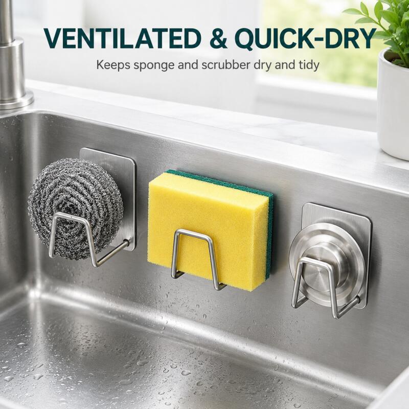 Kitchen Gadgets Gifts - Self-Adhesive Stainless Steel Sponge Holder, No-Drill